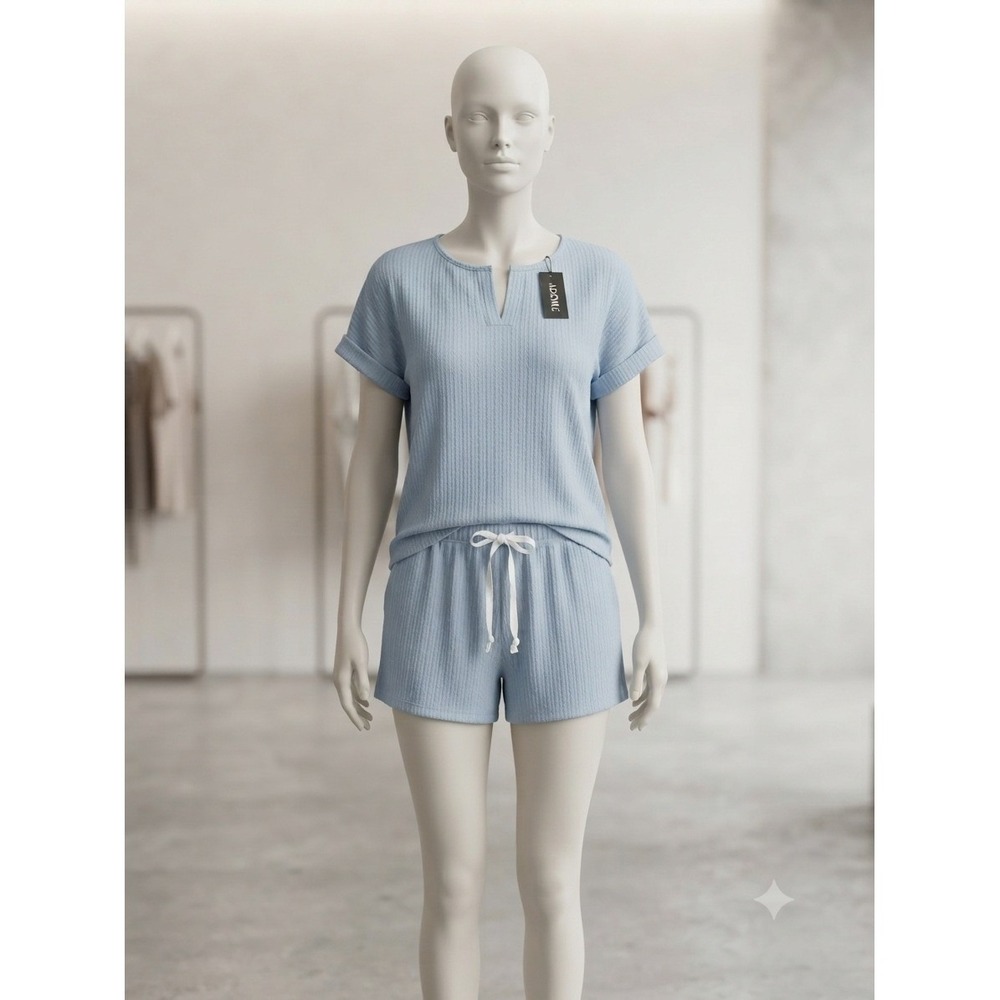 Ekouaer Womens Pajama Set Light Blueβ Cable Knit Short Sleeve Top Shorts 2XL NWT